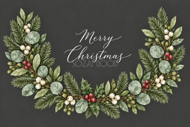 もみの枝とユーカリの下辺アーチのダークグレー水彩クリスマスカード（Merry Christmas文字入り）