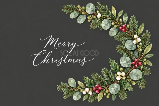 もみの枝とユーカリの右側半月リースのダークグレー水彩クリスマスカード（Merry Christmas文字入り）