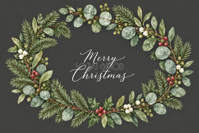もみの枝とユーカリの横長リースのダークグレー水彩クリスマスカード（Merry Christmas文字入り）