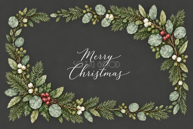 もみの枝とユーカリの長方形フレームのダークグレー水彩クリスマスカード（Merry Christmas文字入り）