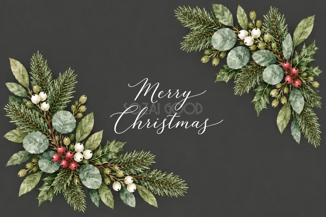 もみの枝とユーカリの対角コーナーフレームのダークグレー水彩クリスマスカード（Merry Christmas文字入り）