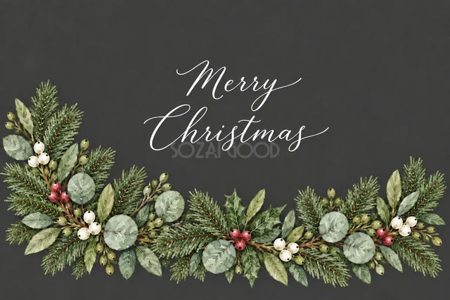 もみの枝とユーカリの下辺ボーダーのダークグレー水彩クリスマスカード（Merry Christmas文字入り）