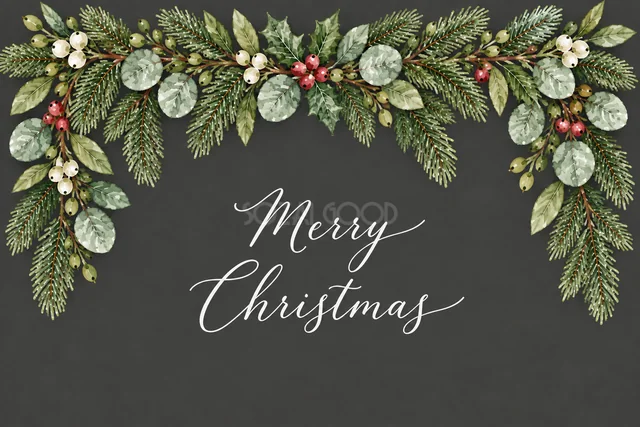 もみの枝とユーカリの上辺ガーランドのダークグレー水彩クリスマスカード（Merry Christmas文字入り）