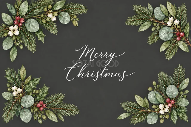 もみの枝とユーカリの四隅飾りのダークグレー水彩クリスマスカード（Merry Christmas文字入り）