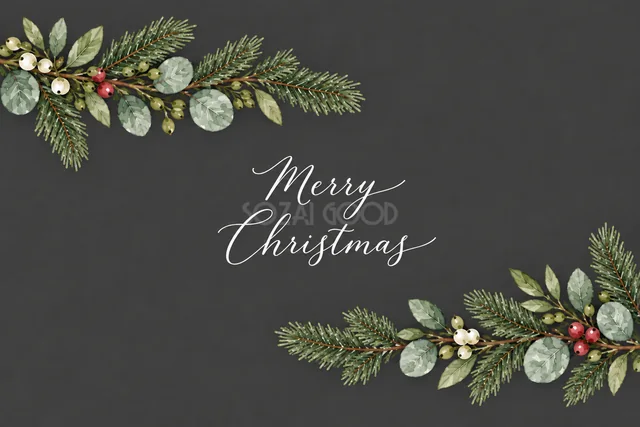 もみの枝とユーカリの対角コーナー飾りのダークグレー水彩クリスマスカード（Merry Christmas文字入り）