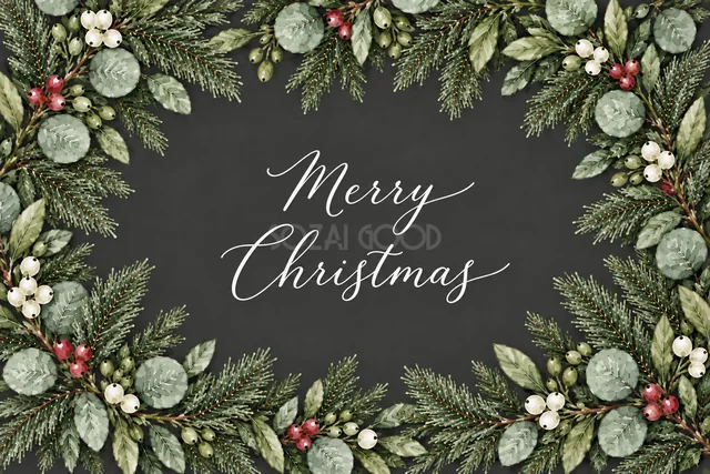 もみの枝とユーカリの全面フレームのダークグレー水彩クリスマスカード（Merry Christmas文字入り）