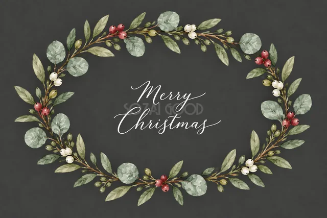 ユーカリと赤白の実の楕円リースのダークグレー水彩クリスマスカード（Merry Christmas文字入り）