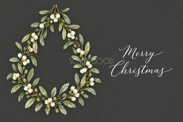 もみの枝と白い実の左側半月リースのダークグレー水彩クリスマスカード（Merry Christmas文字入り）