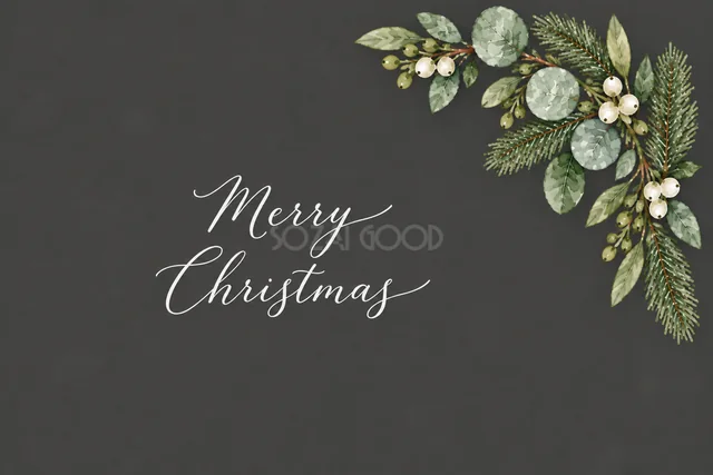 もみの枝とユーカリの右上コーナー飾りのダークグレー水彩クリスマスカード（Merry Christmas文字入り）
