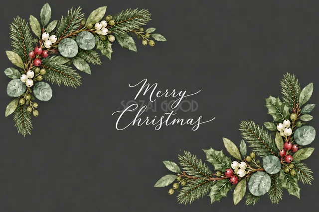 もみの枝とユーカリの対角飾りのダークグレー水彩クリスマスカード（Merry Christmas文字入り）