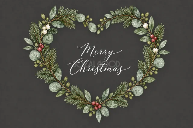 もみの枝とユーカリのハート型リースのダークグレー水彩クリスマスカード（Merry Christmas文字入り）
