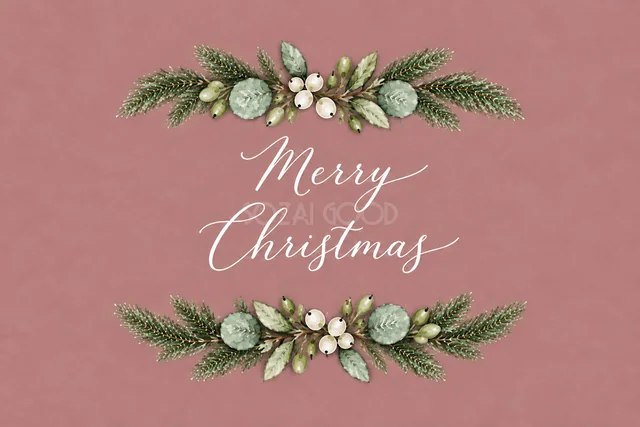 もみの枝とユーカリの上下ガーランドのくすみピンク水彩クリスマスカード（Merry Christmas文字入り）