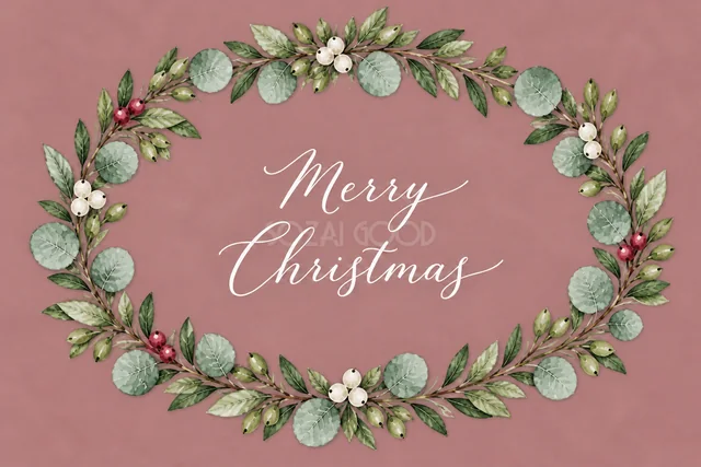 ユーカリと赤白の実の丸いリースのくすみピンク水彩クリスマスカード（Merry Christmas文字入り）