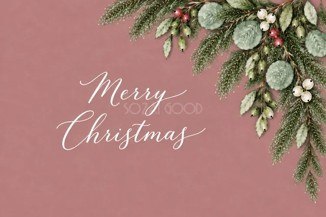 もみの枝とユーカリの右上コーナー飾りのくすみピンク水彩クリスマスカード（Merry Christmas文字入り）