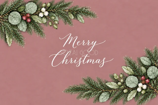 もみの枝とユーカリの対角飾りのくすみピンク水彩クリスマスカード（Merry Christmas文字入り）