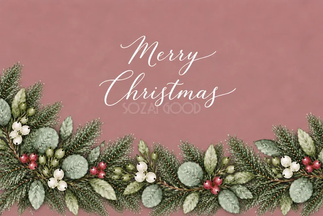 もみの枝とユーカリの下辺ボーダーのくすみピンク水彩クリスマスカード（Merry Christmas文字入り）