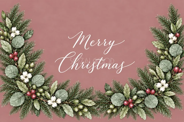 もみの枝とユーカリの下辺アーチのくすみピンク水彩クリスマスカード（Merry Christmas文字入り）