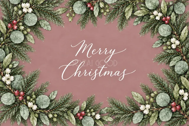 もみの枝とユーカリの全面フレームのくすみピンク水彩クリスマスカード（Merry Christmas文字入り）