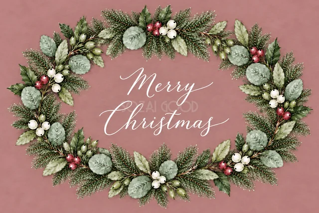もみの枝とユーカリの横長リースのくすみピンク水彩クリスマスカード（Merry Christmas文字入り）
