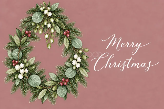 もみの枝とユーカリの左側半月リースのくすみピンク水彩クリスマスカード（Merry Christmas文字入り）