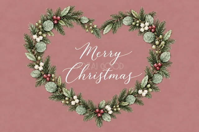 もみの枝とユーカリのハート型リースのくすみピンク水彩クリスマスカード（Merry Christmas文字入り）
