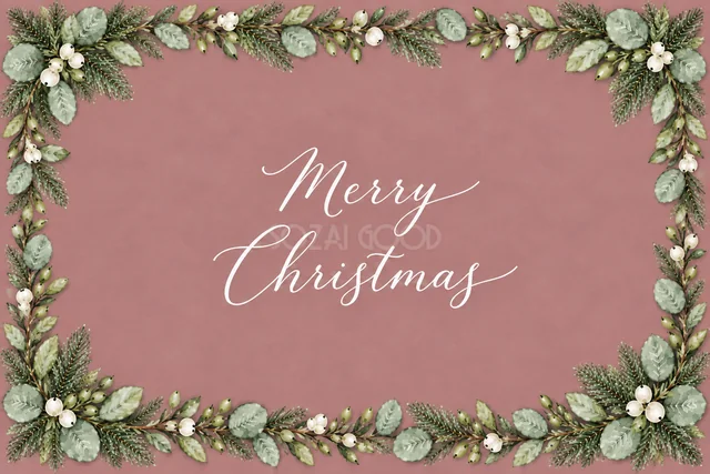 もみの枝とユーカリの長方形フレームのくすみピンク水彩クリスマスカード（Merry Christmas文字入り）