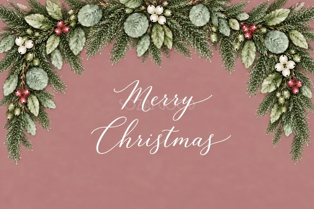 もみの枝とユーカリの上辺ガーランドのくすみピンク水彩クリスマスカード（Merry Christmas文字入り）