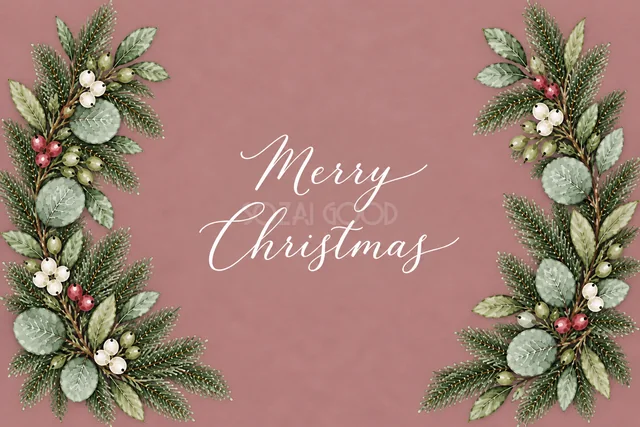 もみの枝とユーカリの左右ボーダーのくすみピンク水彩クリスマスカード（Merry Christmas文字入り）