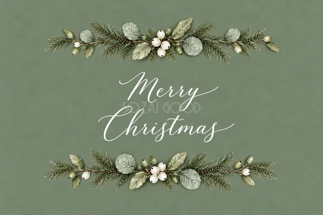 もみの枝とユーカリの上下ガーランドのくすみグリーン水彩クリスマスカード（Merry Christmas文字入り）