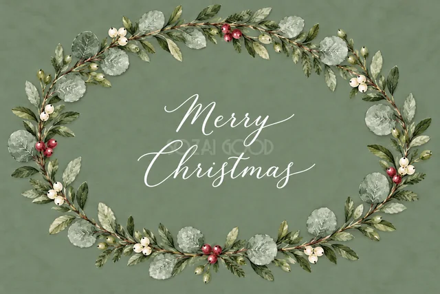 ユーカリと赤白の実の楕円リースのくすみグリーン水彩クリスマスカード（Merry Christmas文字入り）