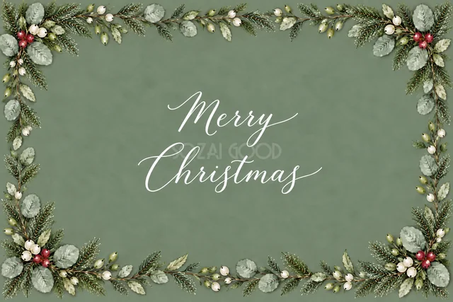 もみの枝とユーカリの長方形フレームのくすみグリーン水彩クリスマスカード（Merry Christmas文字入り）