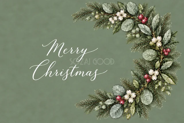 もみの枝とユーカリの右側半月リースのくすみグリーン水彩クリスマスカード（Merry Christmas文字入り）