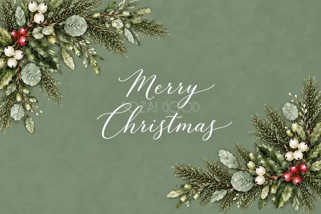 もみの枝とユーカリの対角飾りのくすみグリーン水彩クリスマスカード（Merry Christmas文字入り）