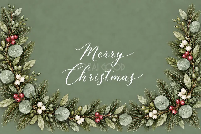 もみの枝とユーカリの下辺アーチのくすみグリーン水彩クリスマスカード（Merry Christmas文字入り）