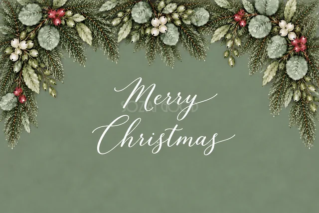 もみの枝とユーカリの上辺ガーランドのくすみグリーン水彩クリスマスカード（Merry Christmas文字入り）