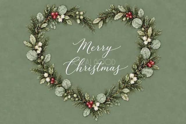 もみの枝とユーカリのハート型リースのくすみグリーン水彩クリスマスカード（Merry Christmas文字入り）