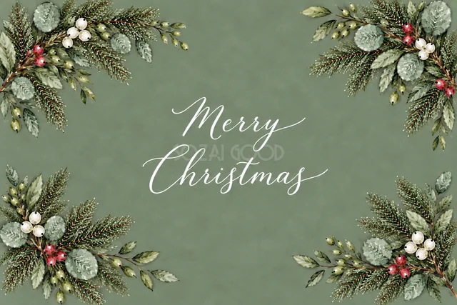 もみの枝とユーカリの四隅飾りのくすみグリーン水彩クリスマスカード（Merry Christmas文字入り）