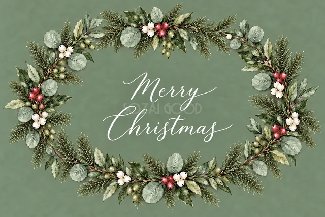 もみの枝とユーカリの楕円リースのくすみグリーン水彩クリスマスカード（Merry Christmas文字入り）