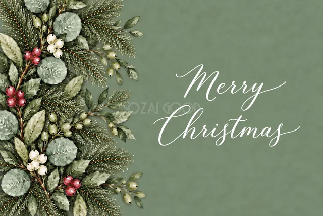 もみの枝とユーカリの左側ボーダーのくすみグリーン水彩クリスマスカード（Merry Christmas文字入り）