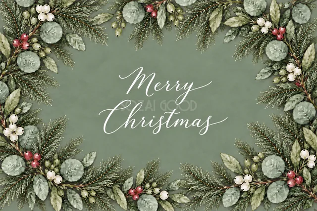 もみの枝とユーカリの全面フレームのくすみグリーン水彩クリスマスカード（Merry Christmas文字入り）