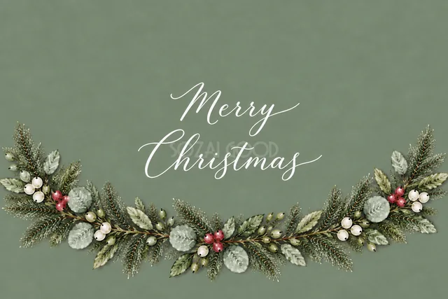 もみの枝とユーカリの下辺ガーランドのくすみグリーン水彩クリスマスカード（Merry Christmas文字入り）