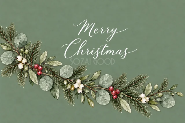 もみの枝とユーカリの斜めガーランドのくすみグリーン水彩クリスマスカード（Merry Christmas文字入り）