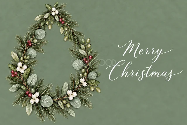 もみの枝とユーカリの左側半月リースのくすみグリーン水彩クリスマスカード（Merry Christmas文字入り）