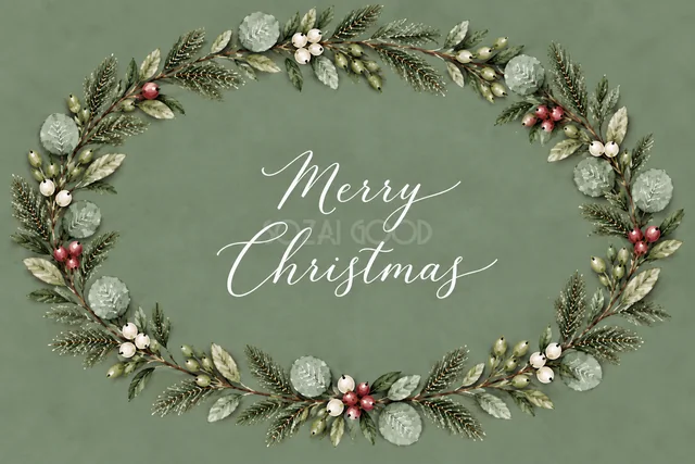 もみの枝とユーカリの横長リースのくすみグリーン水彩クリスマスカード（Merry Christmas文字入り）