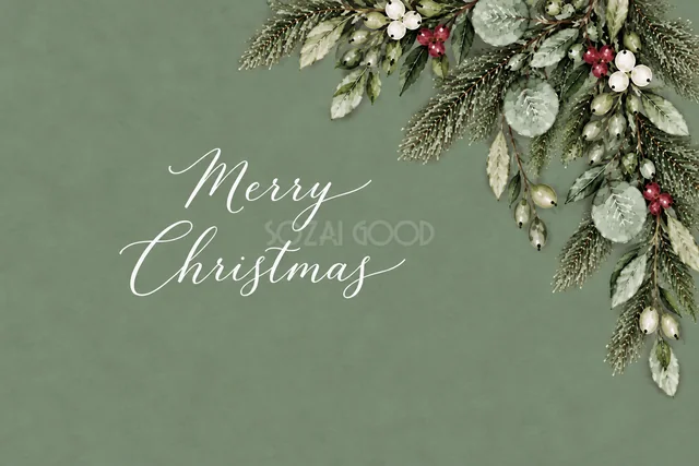 もみの枝とユーカリの右上コーナー飾りのくすみグリーン水彩クリスマスカード（Merry Christmas文字入り）