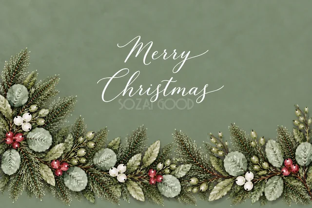 もみの枝とユーカリの下辺ボーダーのくすみグリーン水彩クリスマスカード（Merry Christmas文字入り）