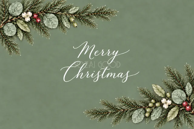 もみの枝とユーカリの対角コーナー飾りのくすみグリーン水彩クリスマスカード（Merry Christmas文字入り）