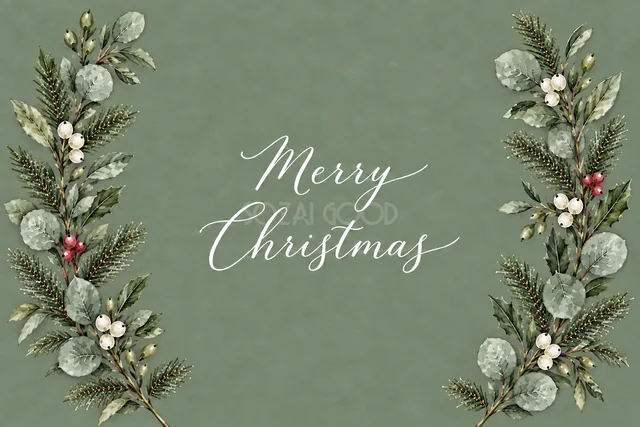 もみの枝とユーカリの左右ボーダーのくすみグリーン水彩クリスマスカード（Merry Christmas文字入り）