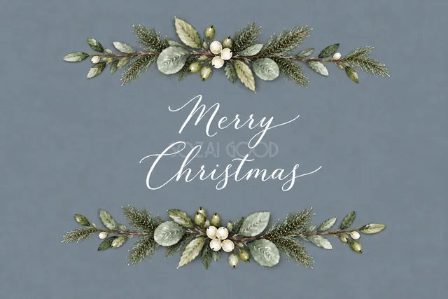 もみの枝とユーカリの上下ガーランドのくすみブルーグレー水彩クリスマスカード（Merry Christmas文字入り）