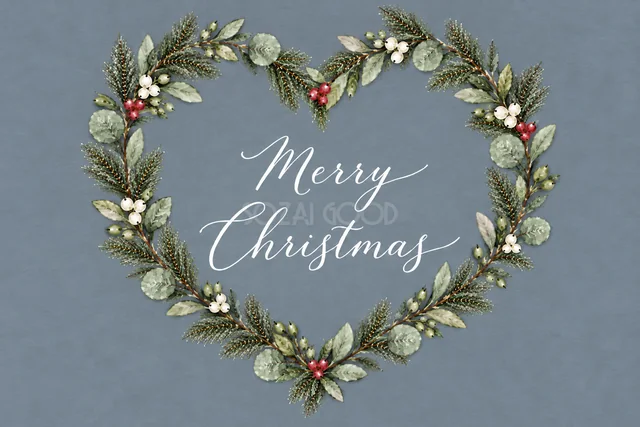 もみの枝とユーカリのハート型リースのくすみブルーグレー水彩クリスマスカード（Merry Christmas文字入り）